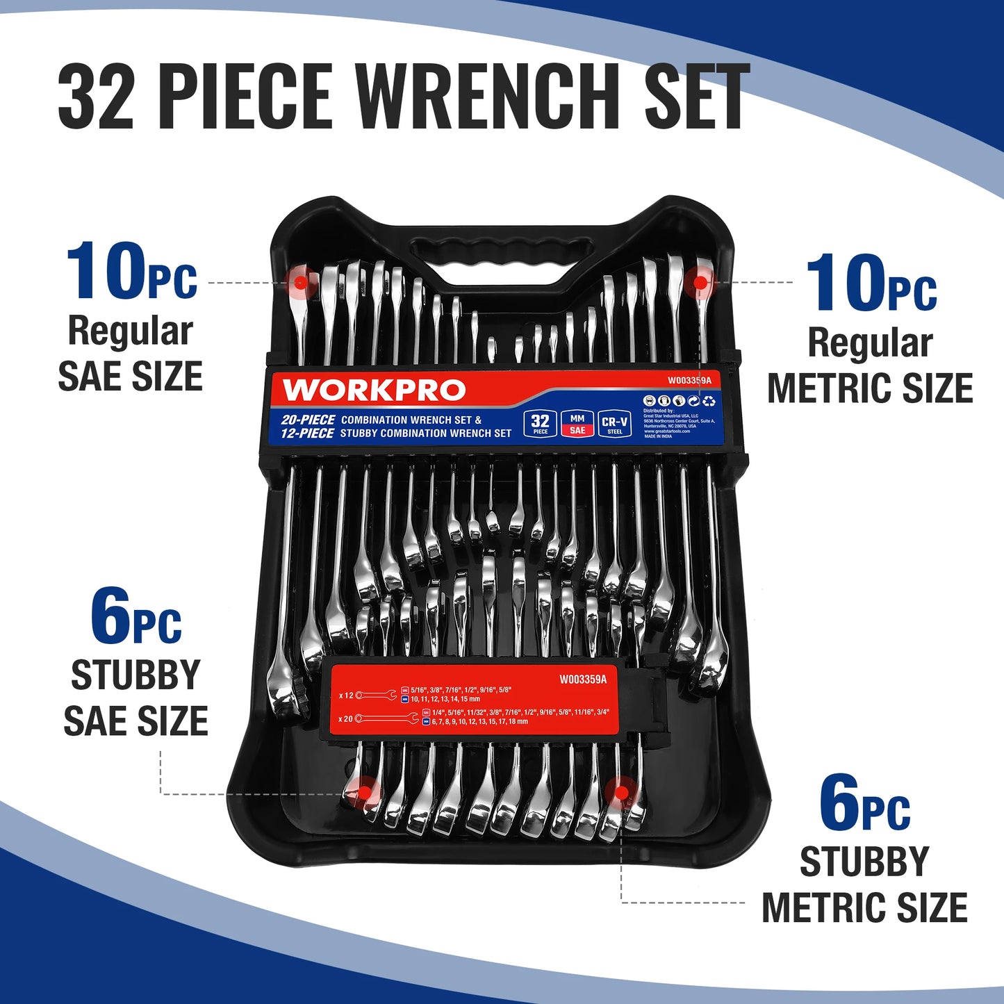 Workpro 32 Piece SAE and Metric Combination Wrench Set with 20 Piece Standard Wrenches and 12 Piece Stubby Wrenches Organizer