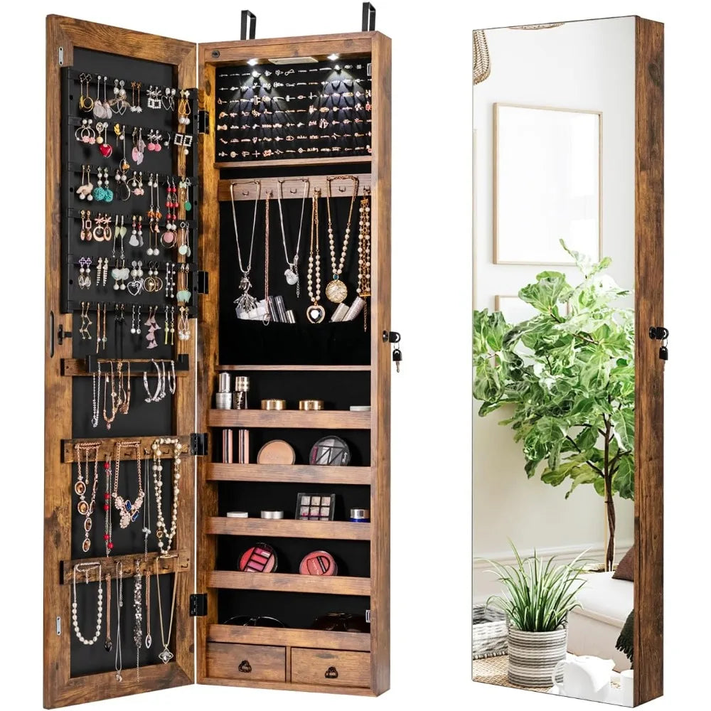 2 LEDs Full Length Mirror Jewelry Armoire with Storage and Mounting Options 47.5 Inch Jewelry Cabinet