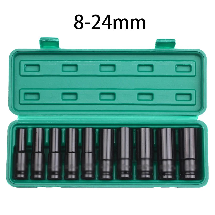 1/2 Inch Drive 6 Point Impact Socket Set 10 Piece Metric Sizes 8 To 24mm Carbon Steel Impact Sockets with Hard Storage Box