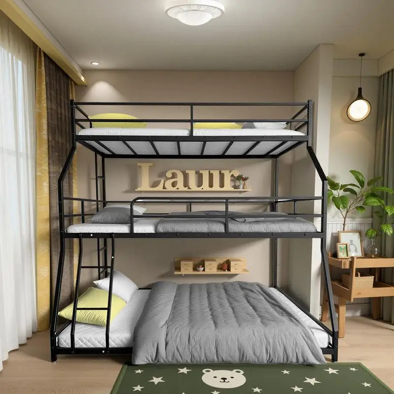 Triple Bunk Bed with Long & Short Ladder, Full-Length Guardrails, Easy Assembly, for Kids, Black Finish