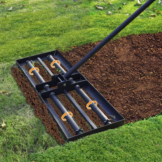 4 Spiked Wheels and Smooth Roller Lawn Leveling Rake for Landscaping and Restoration