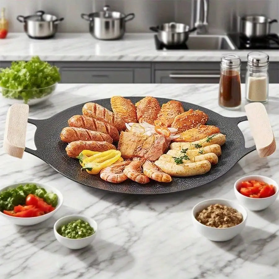 Korean Grill Pan,Nonstick Round Griddle Grill Pan for BBQ,Round BBQ Griddle with Handle,Multifunctional Stove Plate for Meats