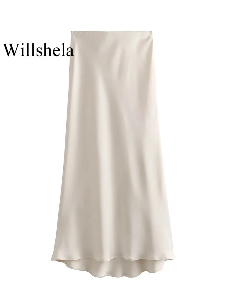Willshela 2024 Black Satin Skirt Women's High Waist Elegant Long Midi Skirt for Office Fashion