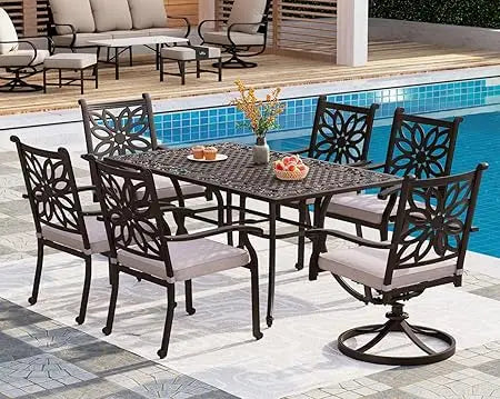 Cast Aluminum Patio Dining Set for 6 People 7 Piece Outdoor Furniture with 54 Inch Round Table and Umbrella Hole