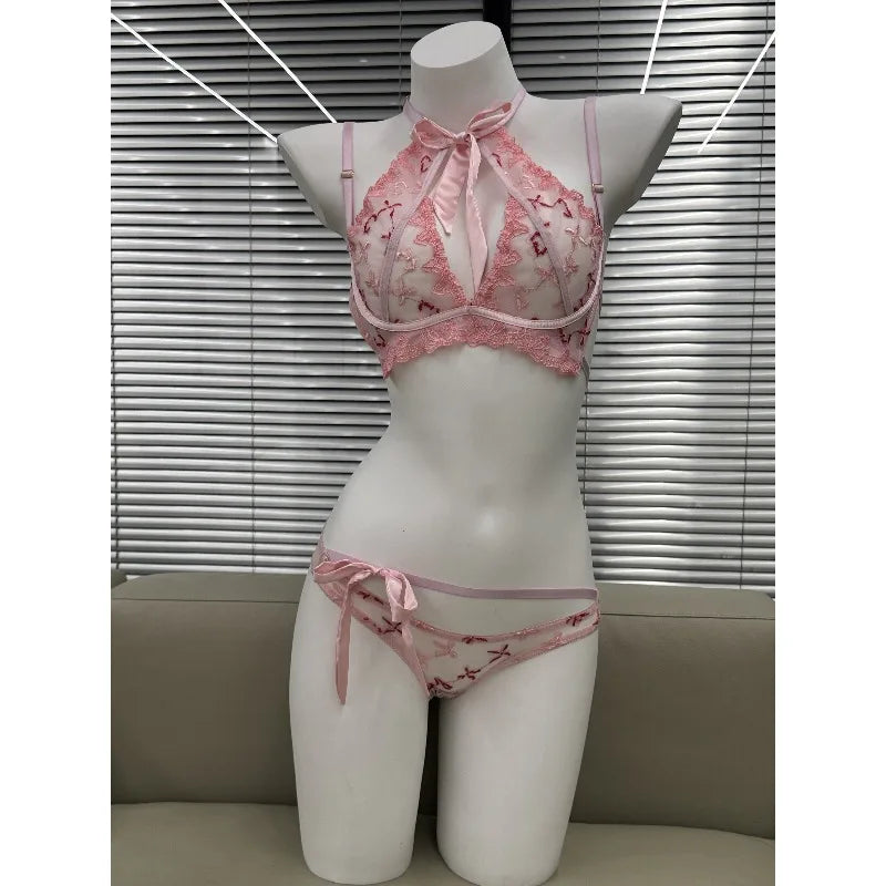 Butterfly Mambo Bra Set 32-38, Embroidered Ribbon Bow Neckband Lingerie, Sexy Pure Desire Bralette and Panty Set Women Sexy AB