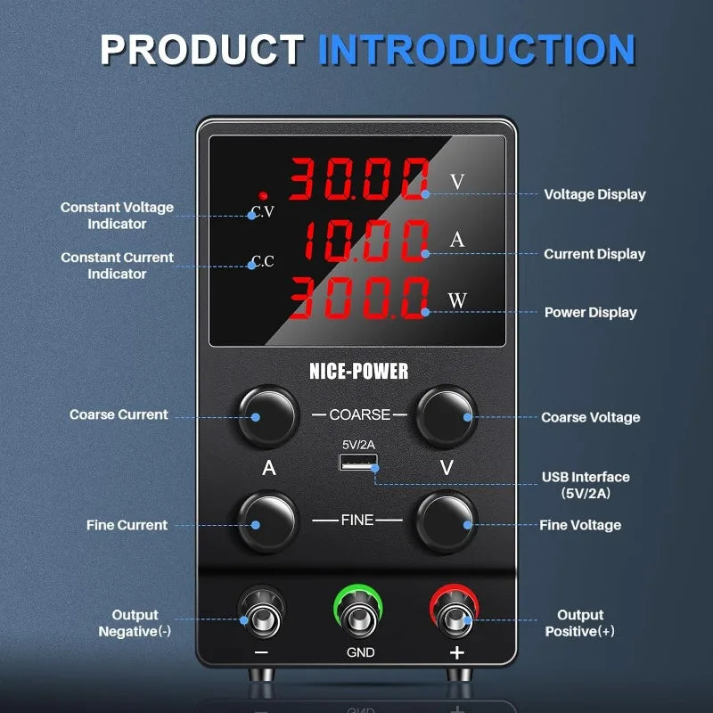 DC Power Supply Variable 30V 10A Adjustable Switching Regulated High Precision 4-Digits LED Display with 5V 2A USB Port