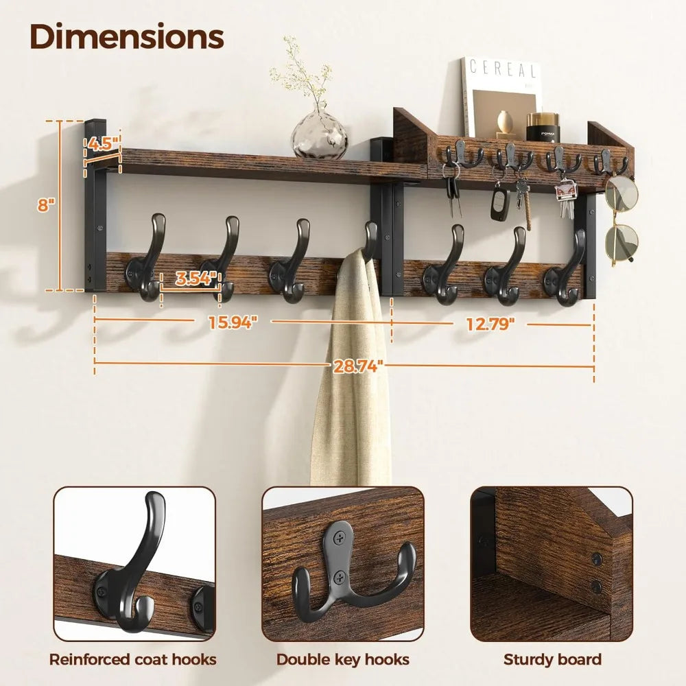29" Wall Mounted Coat Rack with Shelf, 4-in-1 Entryway Organizer with 11 Metal Hooks and Mail Holder, Rustic Brown
