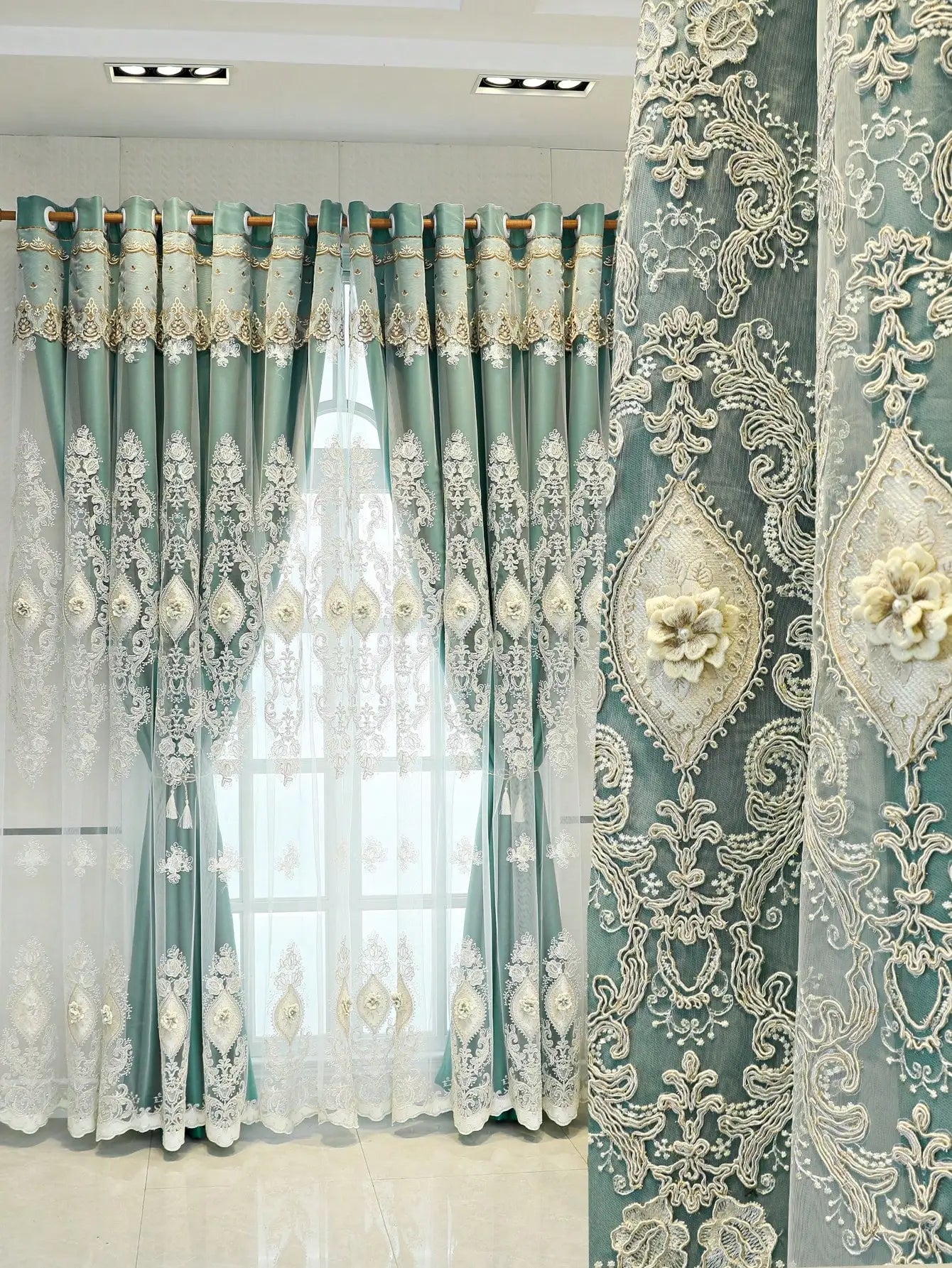 1PC Curtains,Luxury vintage-style embroidered curtains with 3D relief patterns, dual-layer design for privacy and light control
