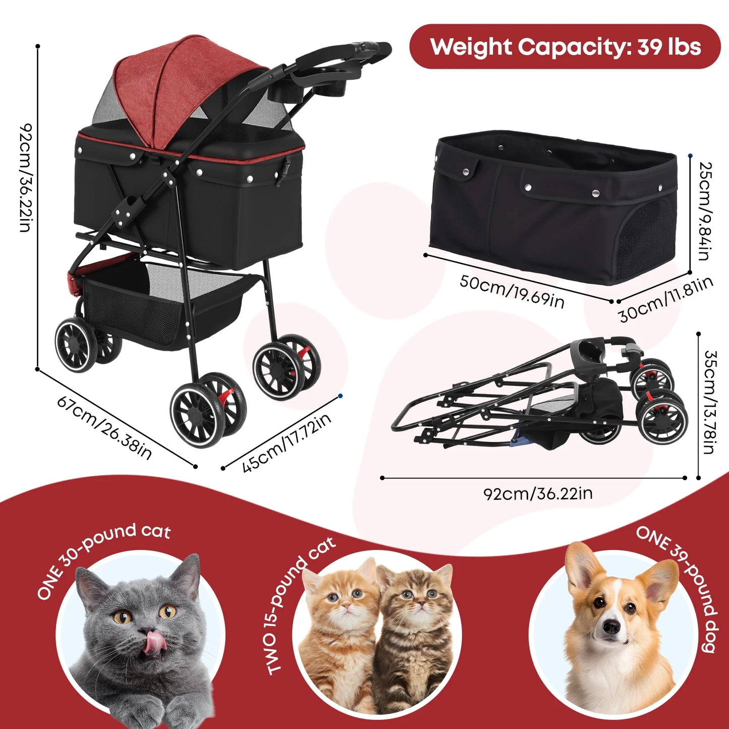 Pet Stroller For Small Medium Cats&Dogs 3 Wheels Foldable with Breathable Mesh Canopy Pet Travel Carrier Suitable Outdoor Travel
