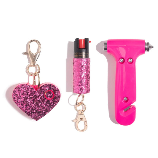 Blingsting Essentials Pepper Spray Safety Alarm and Car Escape Hammer Set Pink 3 Pack