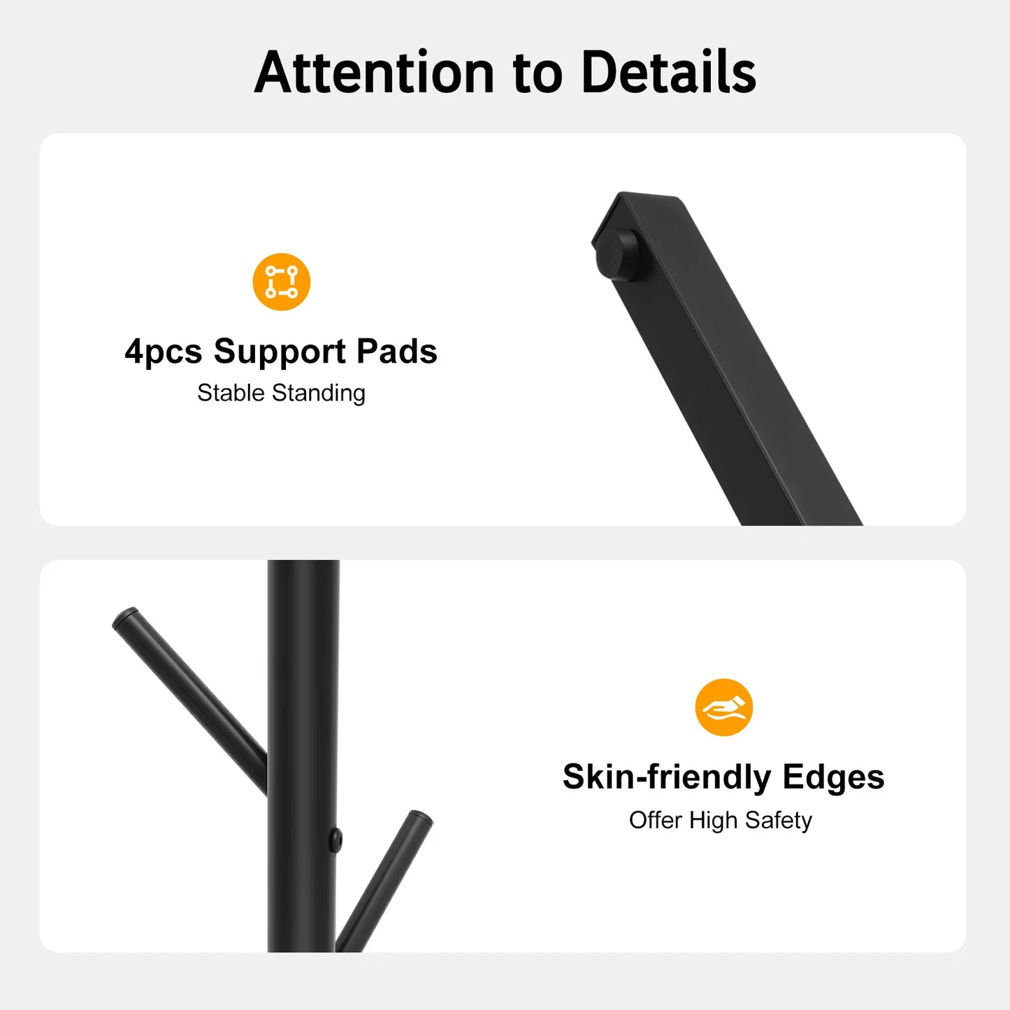 Black Metal Coat Rack Tree-Shaped Vertical 7 Hook Floor Standing Hanger Storage Rack Clothes Hat Scarf Holder for Entrance Foyer