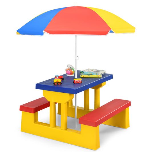Kids Picnic Table Set With Removable Umbrella For Indoor Outdoor Garden Patio