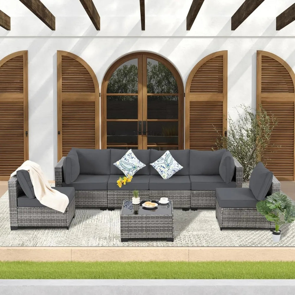 Patio Furniture Set Modular Wicker Outdoor Sectional Sofa Conversation Set Gray Rattan with Cushions