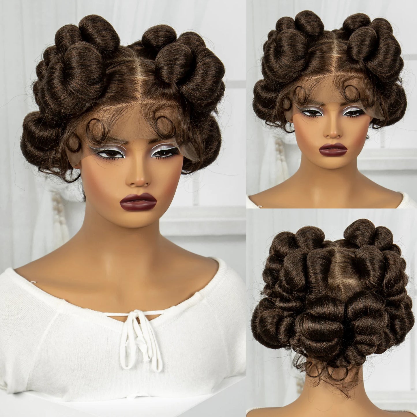 Natural Color 6 Inch Transparent Full Lace Braided Wigs Short Cute Handmade Bantu Synthetic Braided Lace Wig