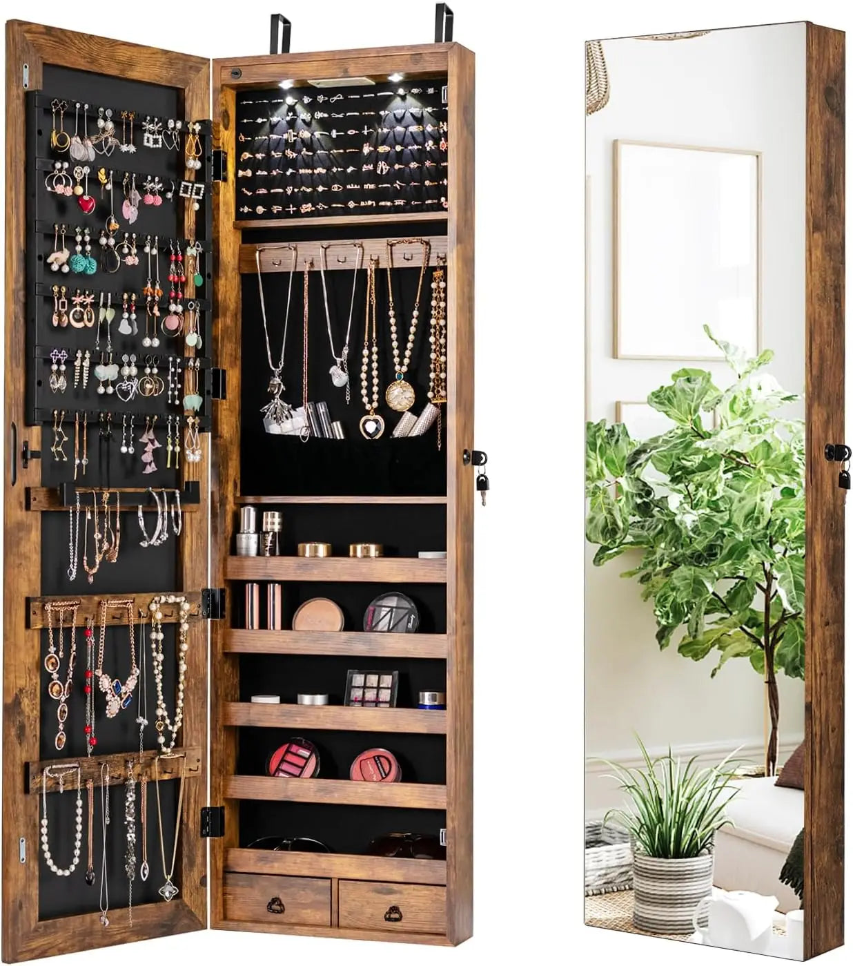 2 LEDs Full Length Mirror Jewelry Armoire with Storage and Mounting Options 47.5 Inch Jewelry Cabinet