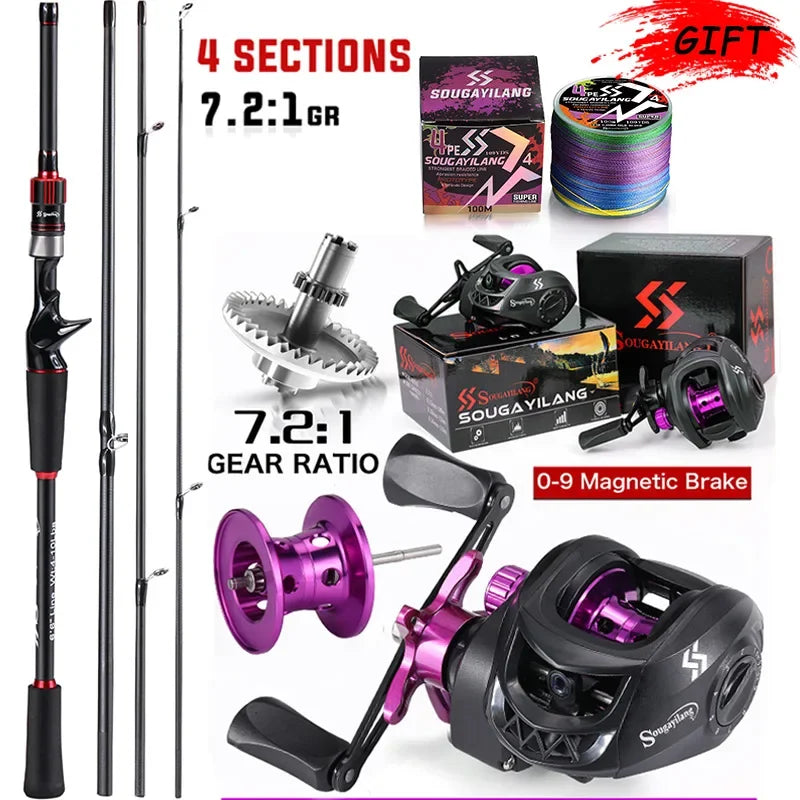Sougayilang Fishing Rod Reel Combo 1.8 to 2.1 Meter Carbon Fiber Casting Rod and 7.2 to 1 Gear Ratio Baitcasting Reel Max Drag 10 Kilograms for Bass Fishing