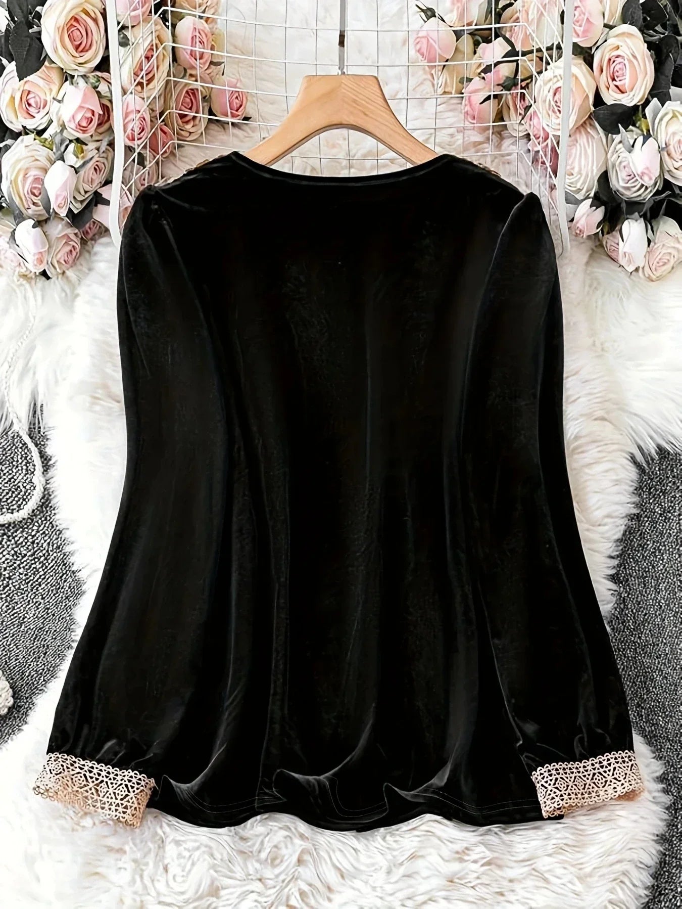 Women's Plus Size 1XL to 5XL Fashion Contrast Lace Shirt Casual Solid Color Long Sleeve Round Neck Blouse