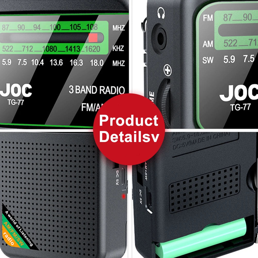 Battery Operated FM AM SW Radio with Built-in Speaker Portable Type-C Rechargeable with HD Display Screen for Elder