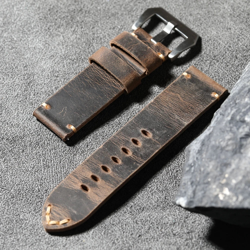 Handmade head layer cowhide leather strap, 20MM 21MM 22MM 23MM 24MM 26MM thickened genuine leather strap vintage folded without