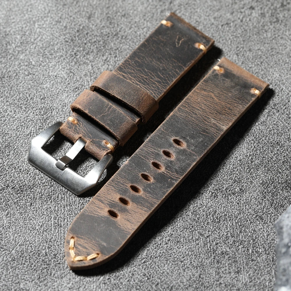 Handmade head layer cowhide leather strap, 20MM 21MM 22MM 23MM 24MM 26MM thickened genuine leather strap vintage folded without