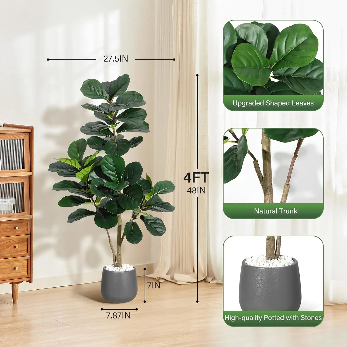 4FT/5FT/6FT/7FT Fiddle Leaf Fig Tree Artificial with Leaves, Realistic Faux Ficus Lyrata Trees in White Planter Pot, Home Decor
