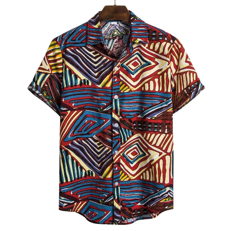 Men's Cotton Polyester Summer Short Sleeve Shirt Boho Geometric Pattern Hawaiian Beach Male Shirts Casual Blouse For Men
