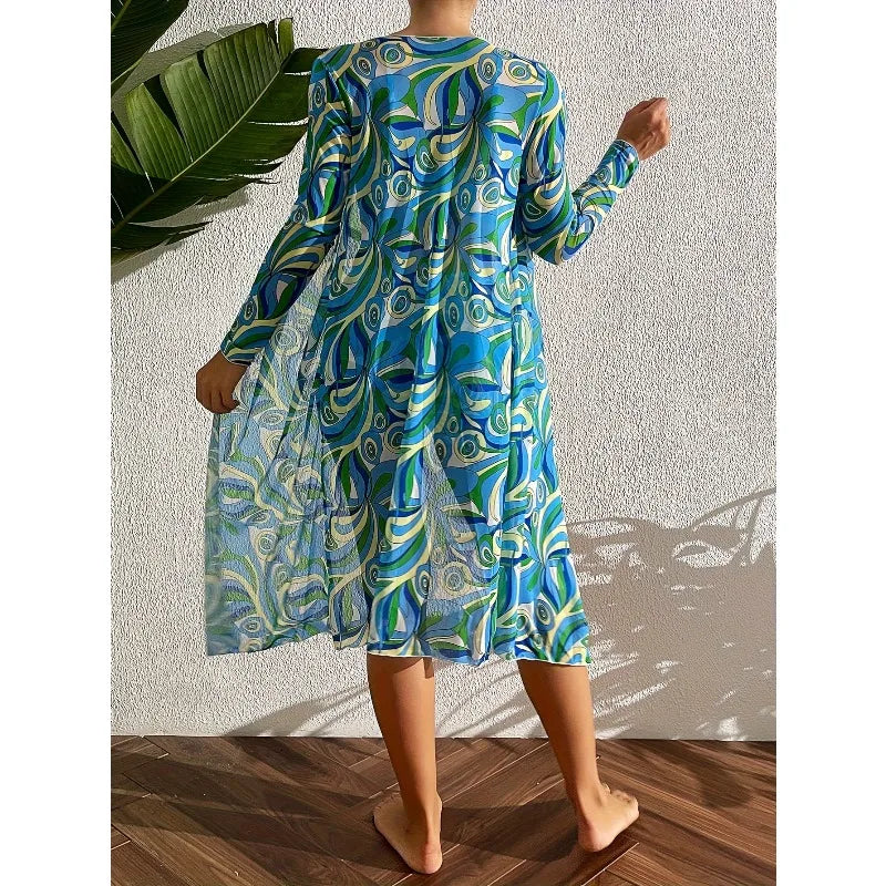 Three-piece printed drawstring bikini set, stylish high-waisted swimsuit with long-sleeved tulle blouse and kimono shirt