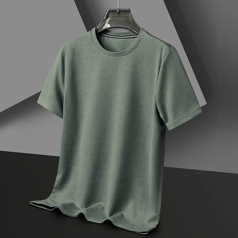 New Summer Waffle Round Neck Short Sleeved T Shirt for Men Casual Top