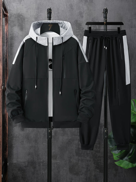 New men’s patchwork overcoat with hood set, two-piece outfit.