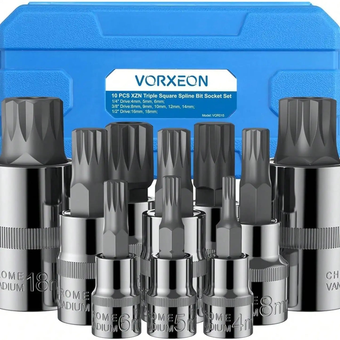 10 Piece XZN Triple Square Spline Bit Socket Set 4mm to 18mm S2 Alloy Steel Tool with Enhanced Storage Case