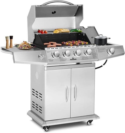 Propane Gas Grill 4 Burners with Side Burner Stainless Steel Grill Cart with Wheels for Outdoor Patio Garden Backyard Cooking