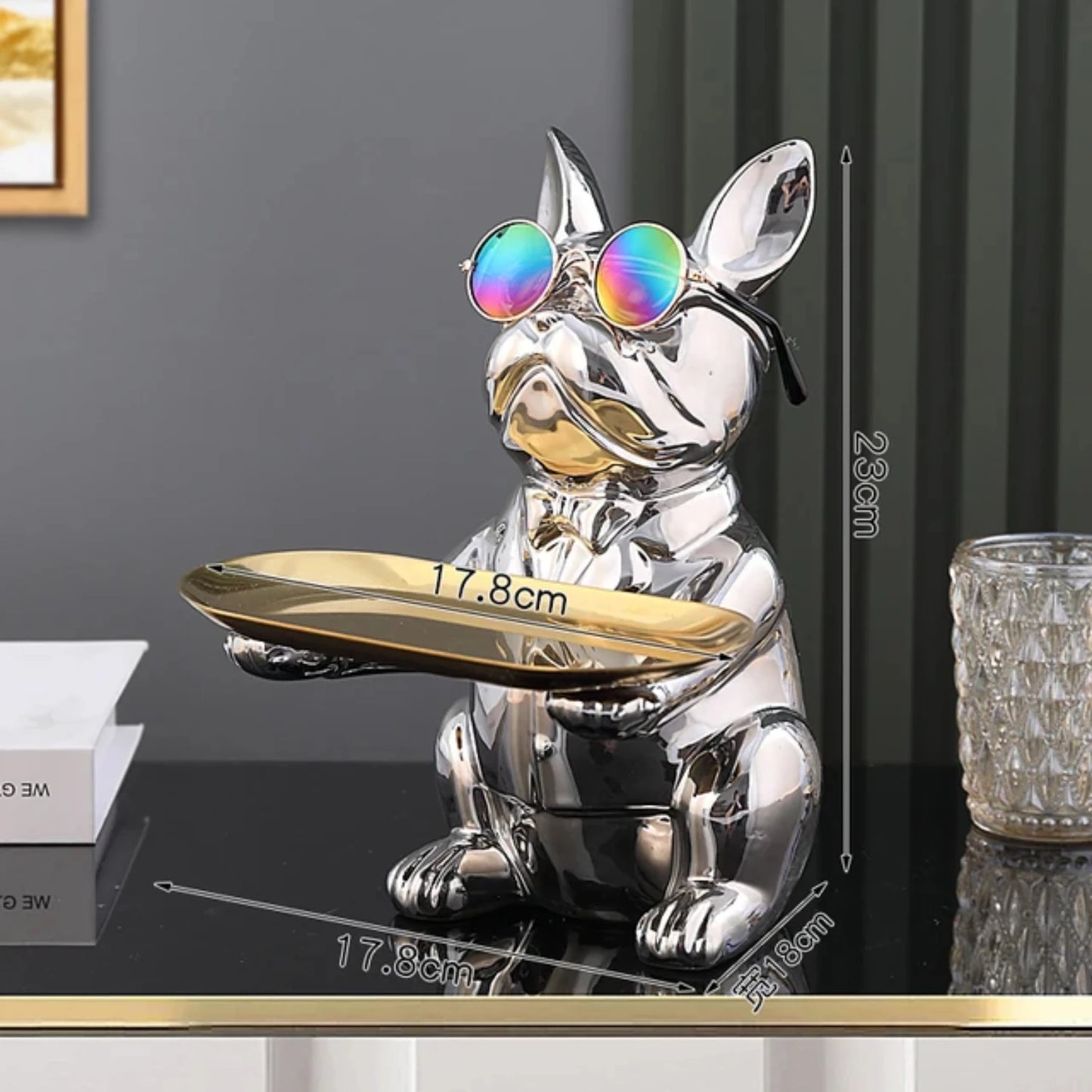 Nordic French Bulldog Sculpture Dog Figurine Statue Key Jewelry Storage Table Decoration Gift With Plate Glasses