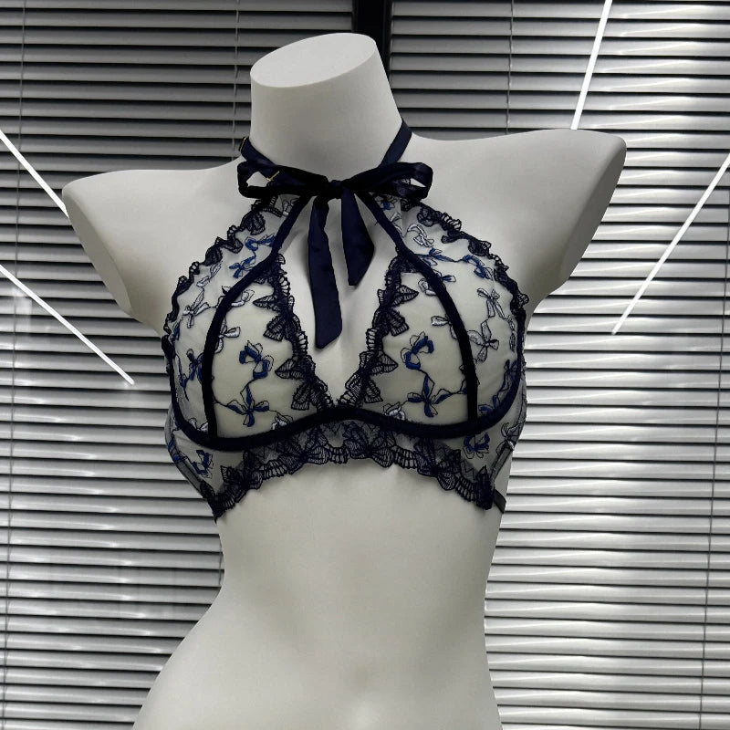 Butterfly Mambo Bra Set 32-38, Embroidered Ribbon Bow Neckband Lingerie, Sexy Pure Desire Bralette and Panty Set Women Sexy AB