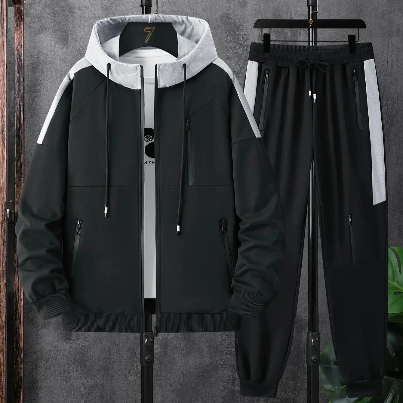 New men’s patchwork overcoat with hood set, two-piece outfit.