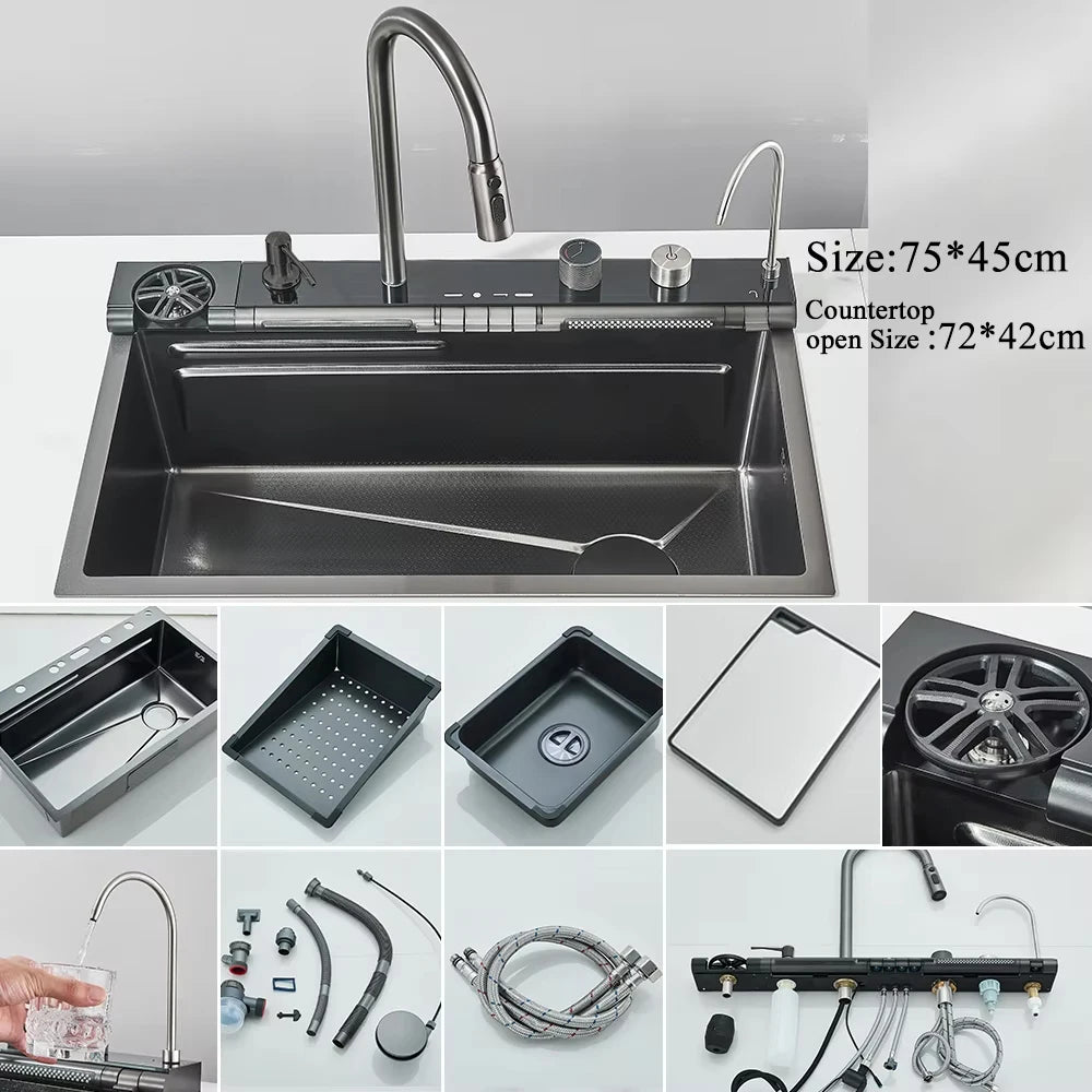 304 Stainless Steel Large Single Slot Waterfall Kitchen Sink with Integrated Digital Display Faucet Set and Soap Dispenser