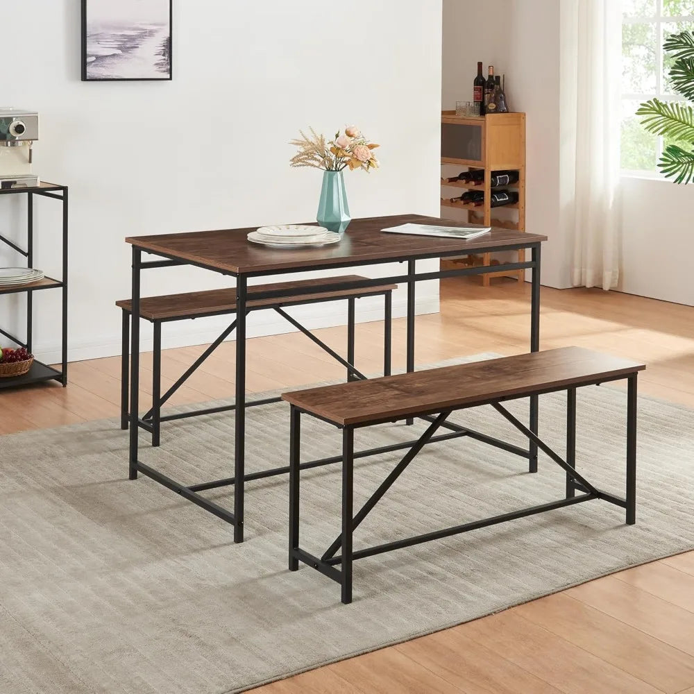 3 Piece Dining Room Table Set 43 Inch Kitchen Table with Two Benches Breakfast Table Top Metal Frame