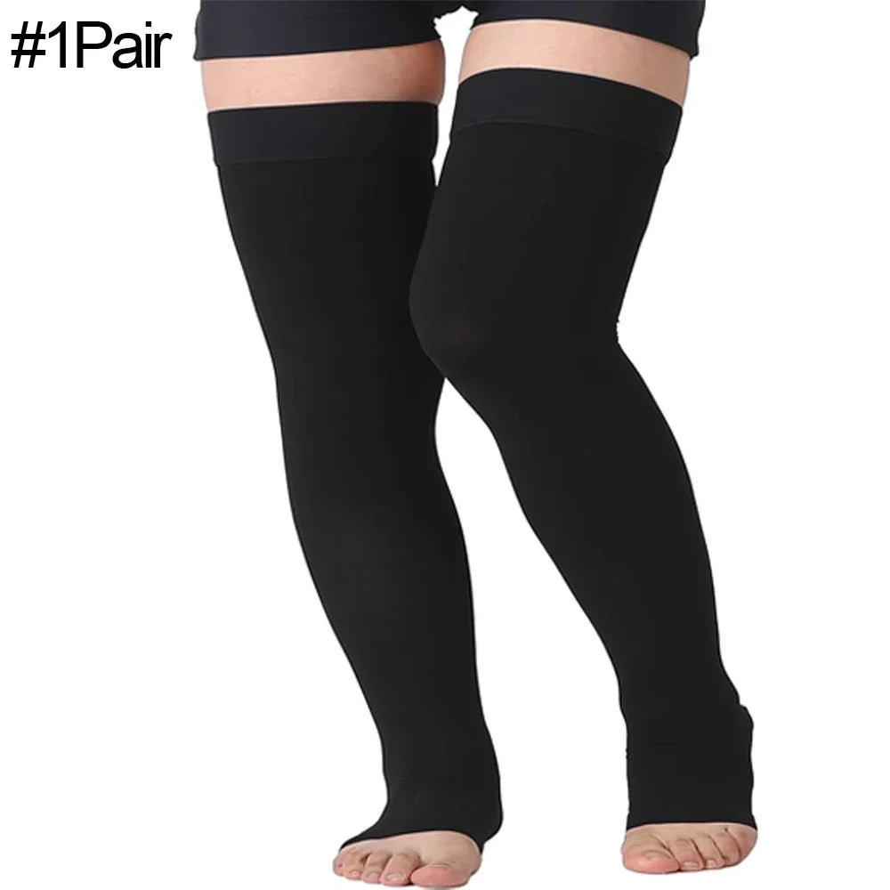 1 Pair Thigh High 20-32 mmHg Compression Stockings Toeless Compression Socks for Men and Women Circulation with Silicone Dot Band