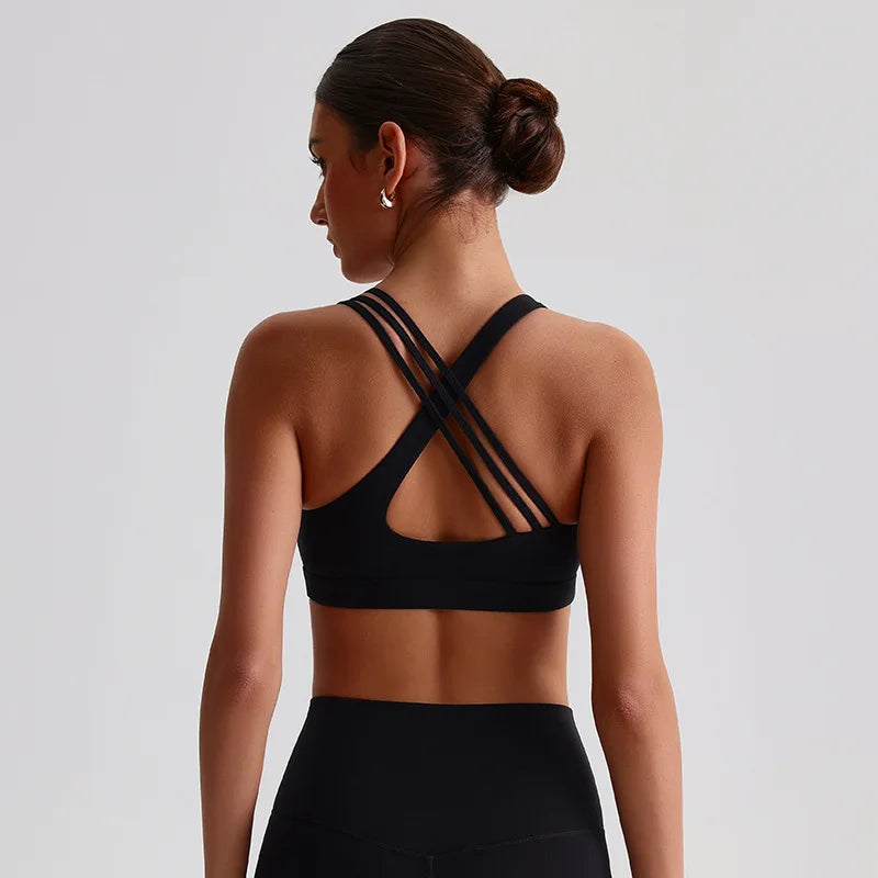 Solid Color Butter Cross Gym Yoga Underwear Women Cross Back Shoulder Straps Fitness Sport Bra High Impact Push Up Top With Pad