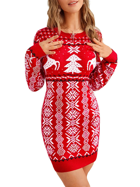 Women Long Sleeve Sweater Dress Christmas Print Knitted Bodycon Party Dress for Beach Club Streetwear