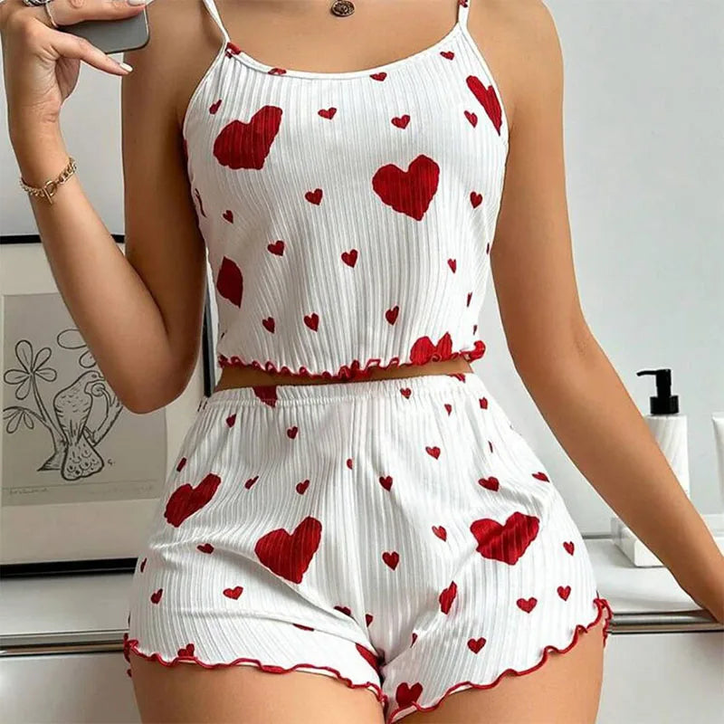 Women's 2 Piece Pajama Set Casual Sleepwear Short Tank Tops and Shorts White Soft Ventilate Love Print S M L