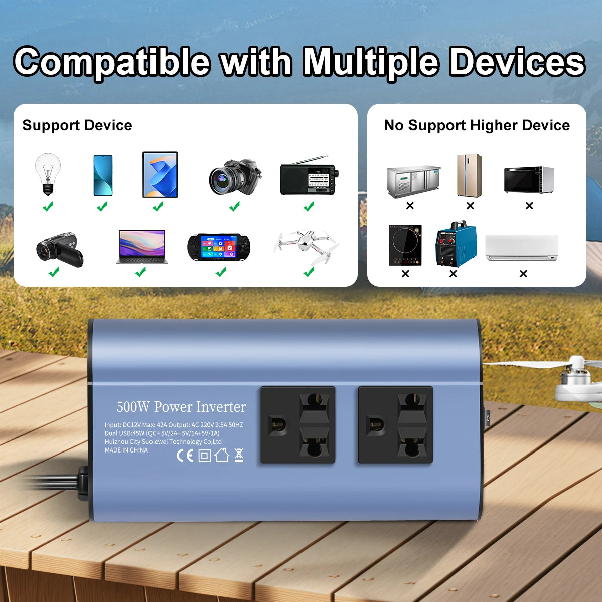 500W Modified Wave Inverter Portable Multi USB Interface DC 12V to AC 220V 50Hz