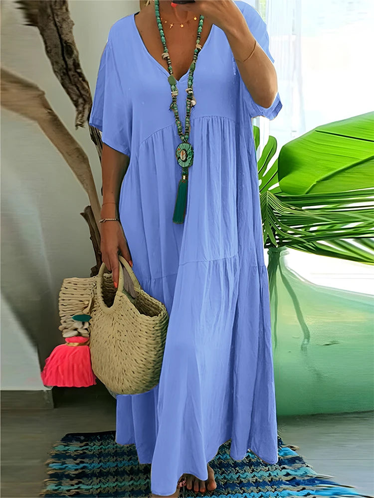 Plus Size Women's Casual Loose Ankle Length Dress V Neck Polyester