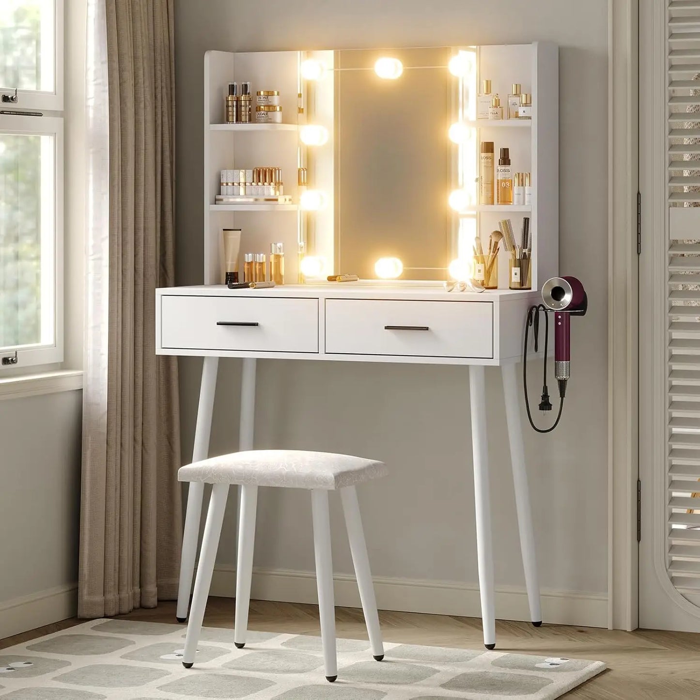 37 Inch White Vanity Desk with Lights and Adjustable Brightness Vanity Mirror Set with 5 Drawers for Bedroom