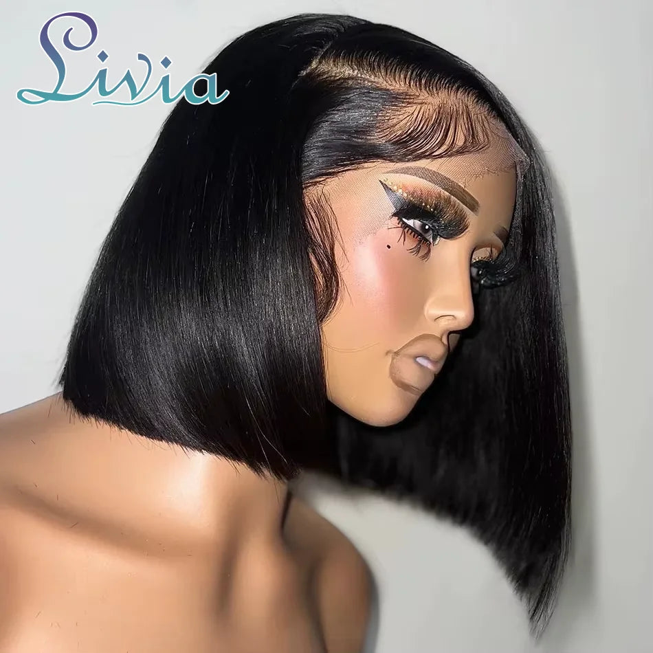13x4 Short Bob Wigs 220 Percent Density Bone Straight Human Hair Pre Plucked Transparent Lace Frontal Wig
