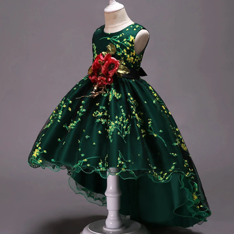 Baby Girls Flower Princess Dress Mid-Calf Length Cotton Polyester Voile Tribute Silk Mesh Age 7-12 Years