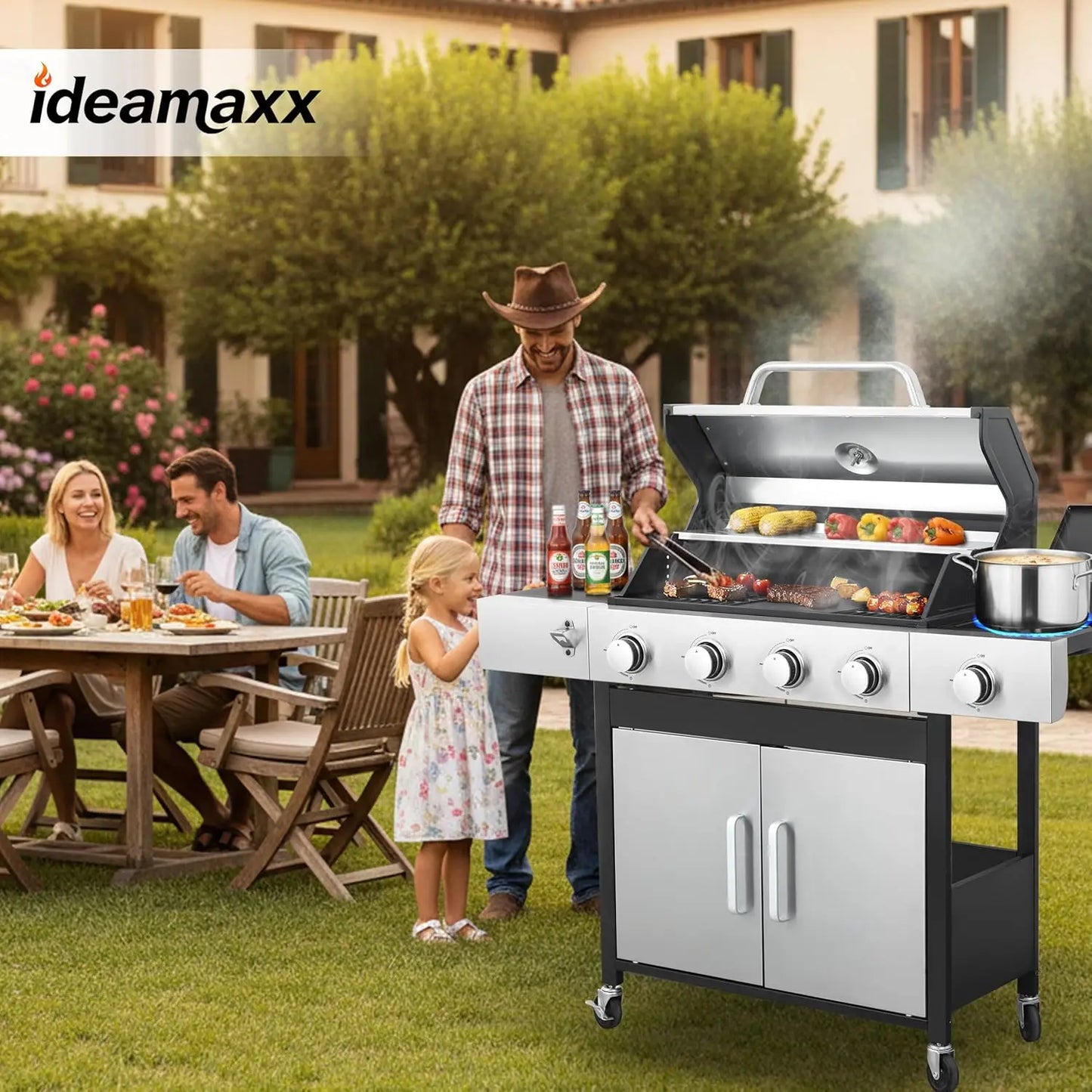 4-Burner Gas Grill, 46,790 BTU Outdoor BBQ Grill with Infrared Side Burner, Porcelain Cast Iron Grates & Stainless, Customized