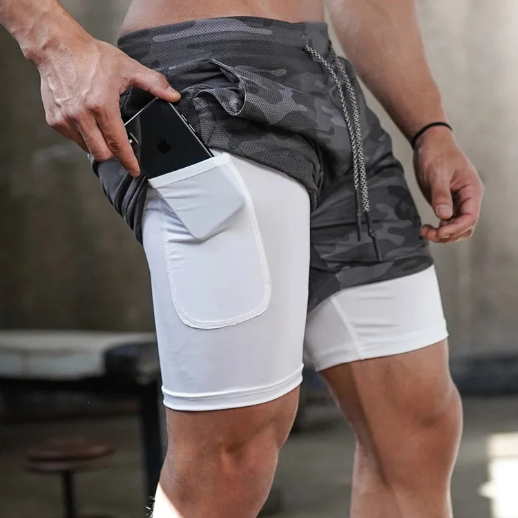 Camo Running Shorts for Men 2 in 1 Quick Dry Workout Training Gym Fitness Jogging Shorts