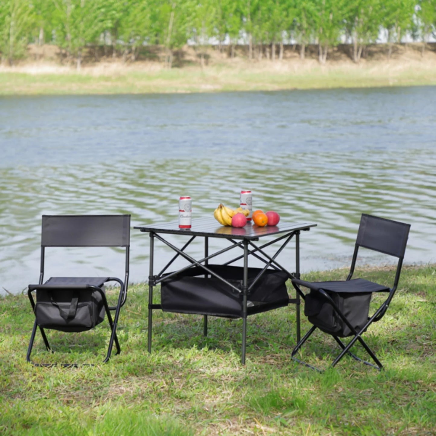 Set of 3 Folding Outdoor Table and Chairs Set Portable Black Aluminum Alloy