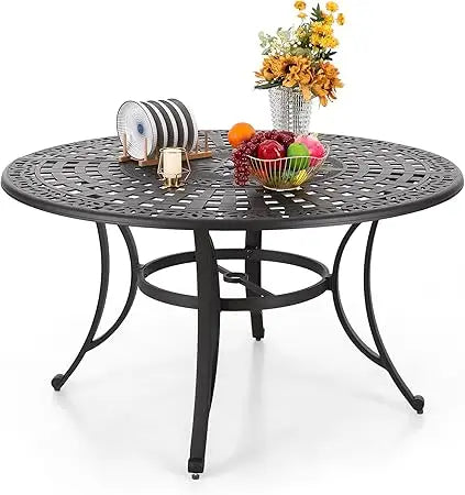 Cast Aluminum Patio Dining Set for 6 People 7 Piece Outdoor Furniture with 54 Inch Round Table and Umbrella Hole