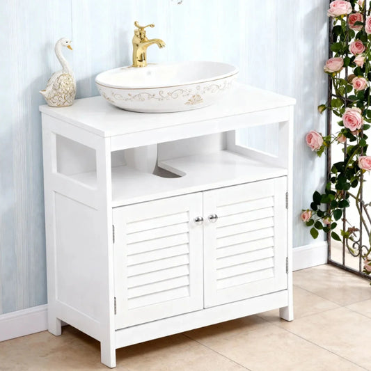 Under Sink Storage Cabinet with 2 Doors Open Shelf U Shape Cut Out Bathroom Under Sink Vanity for Toiletries Makeup